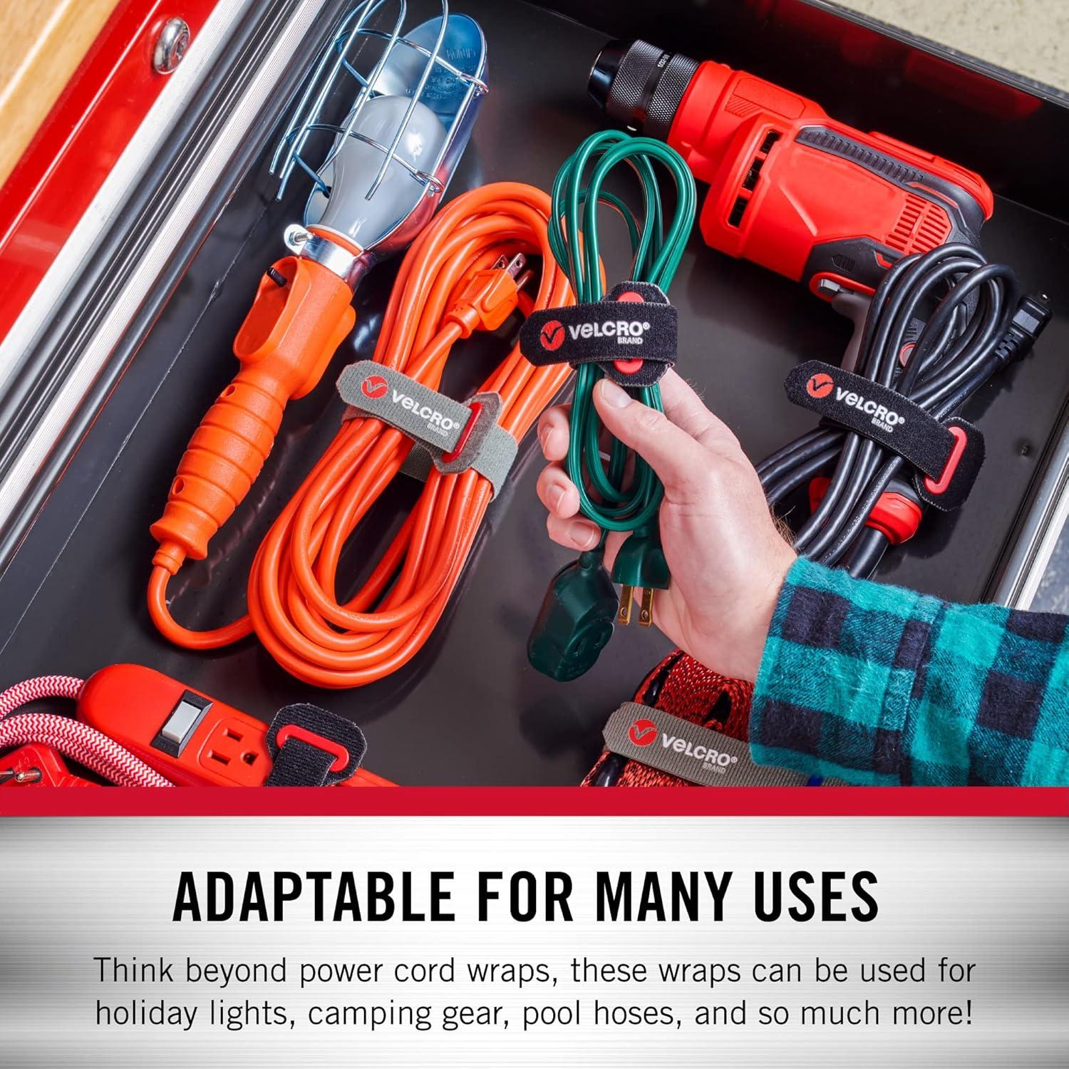 imageVELCRO Brand Power Cord Wraps  Heavy Duty Straps for Extension Cords Ropes Cables  Reinforced Slotted Grommet for Strong Snag Free Cinching  12 Inch 2Pk Black and Gray12 16 24 Inch 6pcs