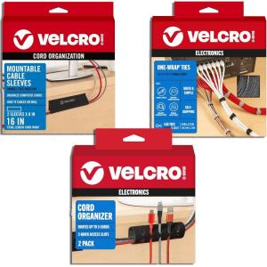 imageVELCRO Brand Cable Management Bundle  8in Mountable Cable Sleeve 2pk  150pk Reusable Cable Ties  Desk ampamp Nightstand Cord Organizer 2pk  Black DamageFree Reusable MultiRoom Use